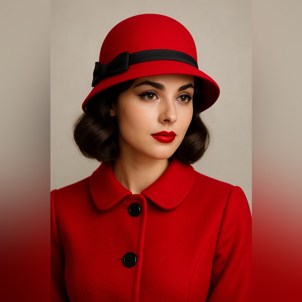 Vintage Red Wool Cloche Hat Black
Ribbon Bow Old Hollywood Style Made in USA